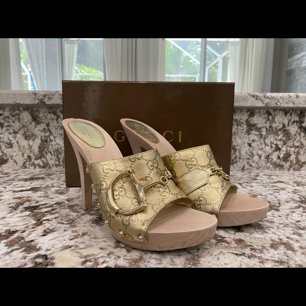 Gucci Gold Horsebit Mules Heels Size 8.5 8 1/2